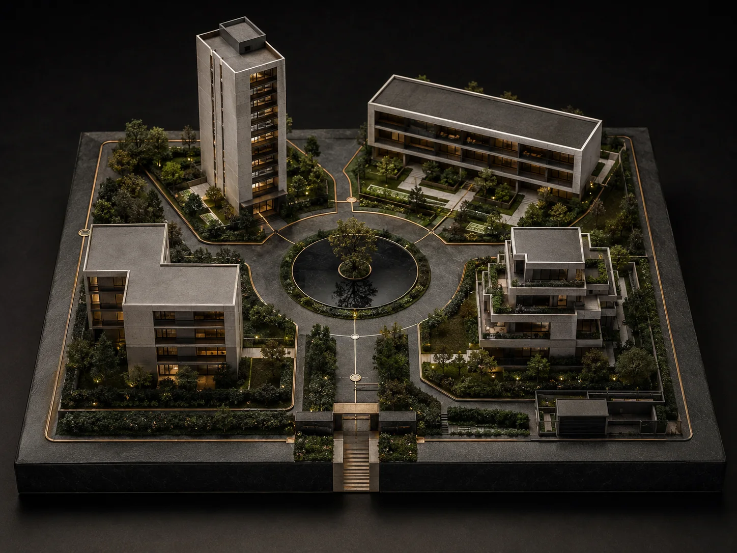 Maquete de condomínio com torre e blocos residenciais organizados ao redor de um jardim circular compartilhado