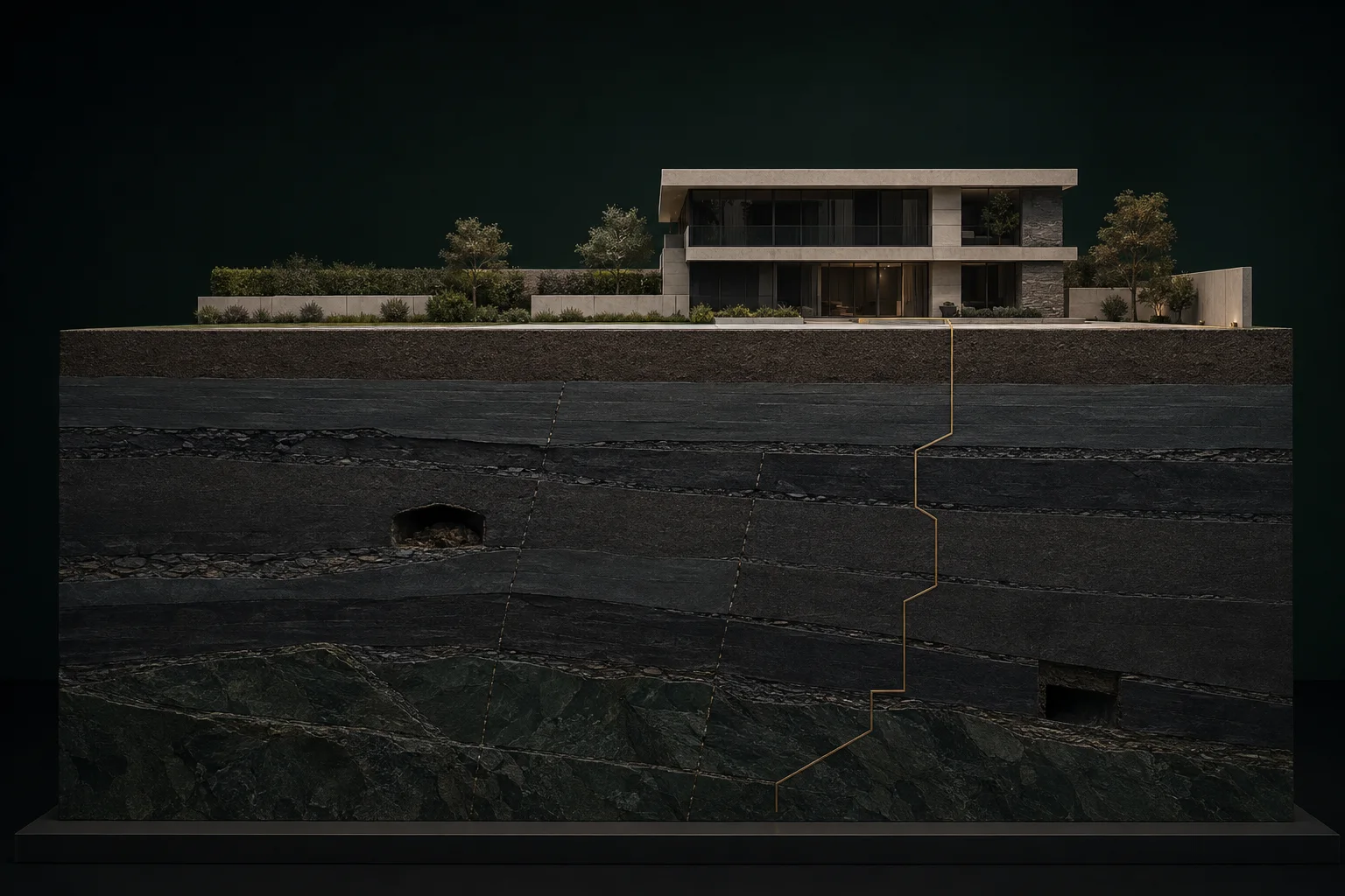 Casa contemporânea sobre um corte de terreno que revela camadas de rocha e uma cavidade oculta no subsolo, com uma falha estrutural marcada em traço dourado