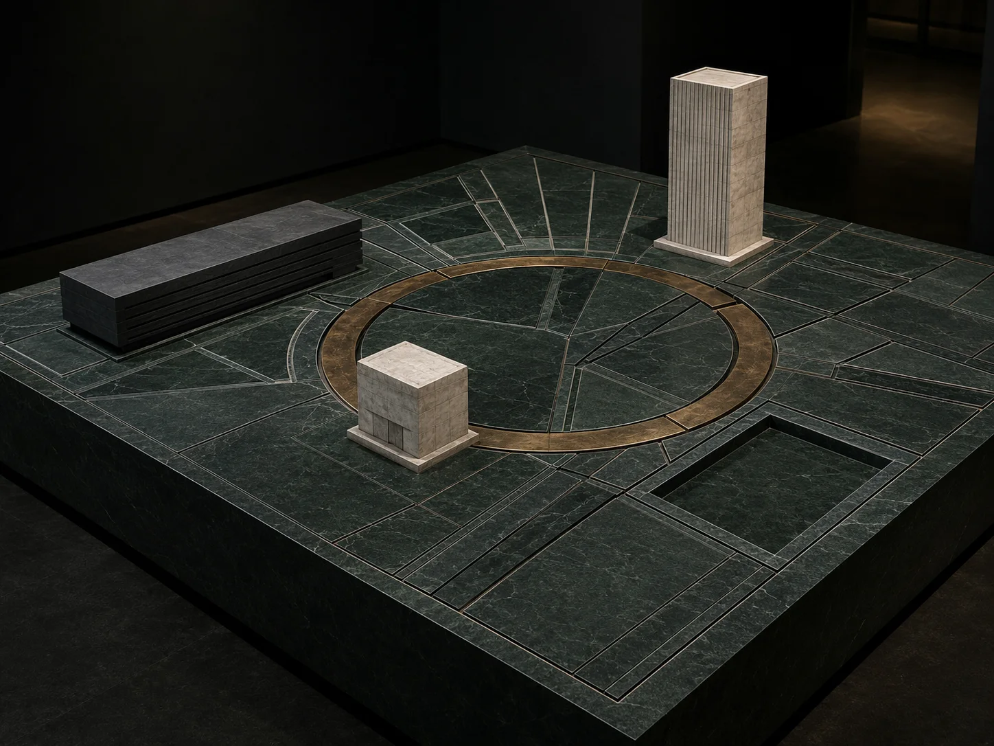 Maquete urbana em mármore verde com volumes de alturas diferentes dispostos ao redor de um anel circular de bronze