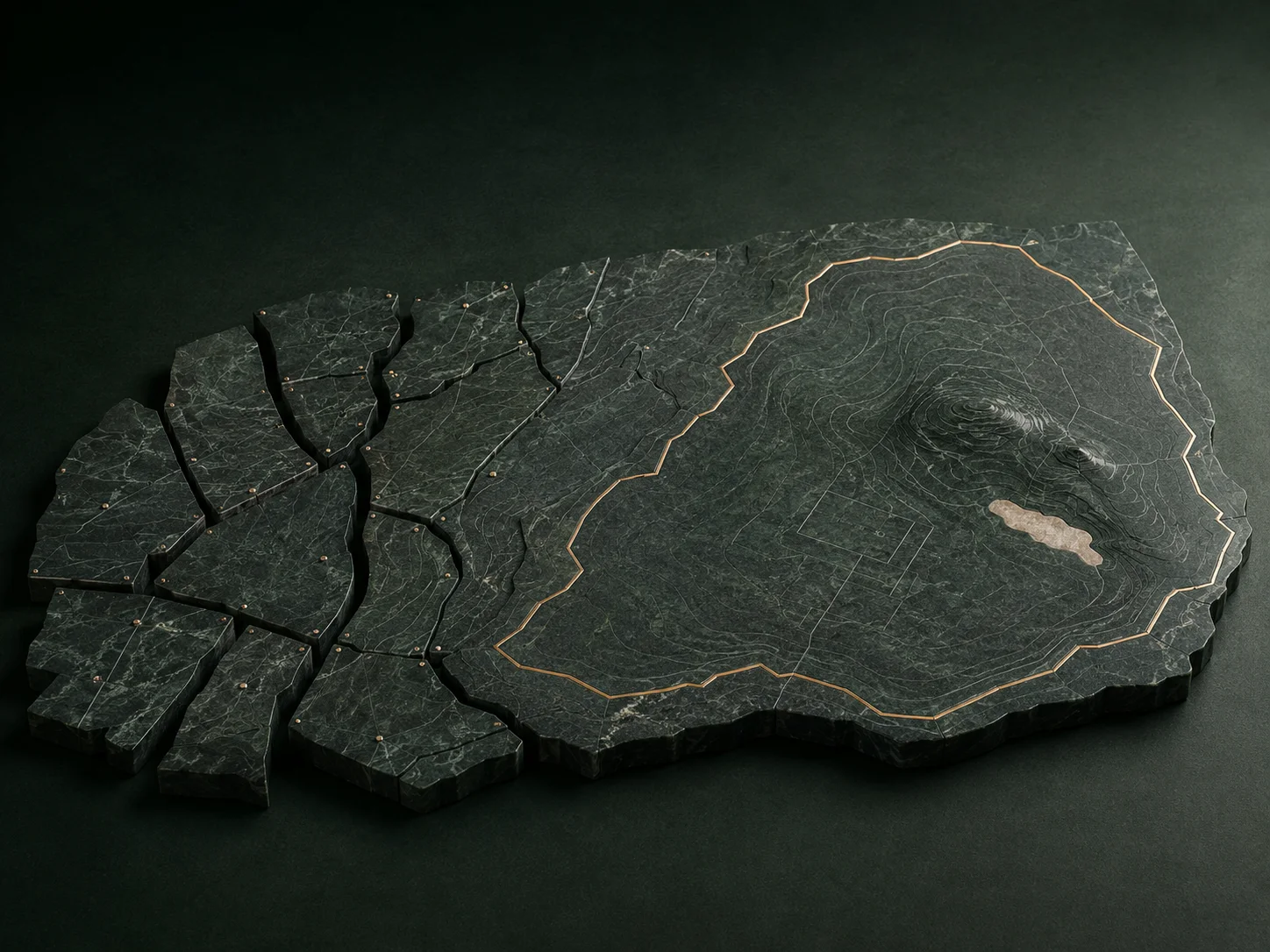 Placa de mármore cadastral fragmentada em parcelas soltas à esquerda se reorganizando em um mapa topográfico único, contornado em bronze, à direita